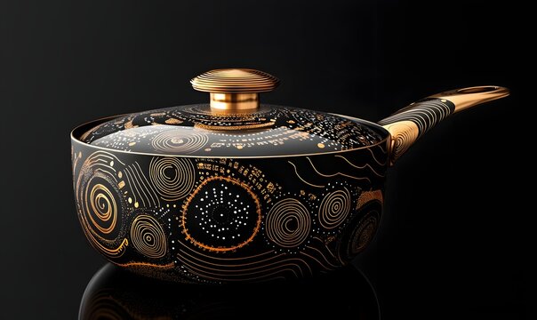Black saucepan with gold design and lid.