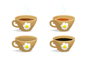 vector cartoon object illustration. Cute cups set: tea, empty, flowerpot cup (with soil). Cup of tea. Clip art isolated on transparent background. Hand drown design element. Baby graphics concept. 