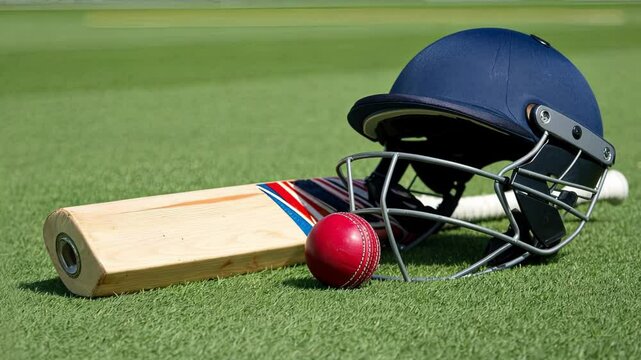 Cricket ball bat and helmet on grass sports india cricket er gear