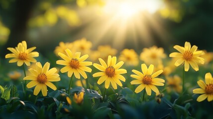 Obraz premium A sunbeam illuminates a field of blooming yellow flowers creating a warm and vibrant scene with soft bokeh
