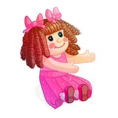 vector cartoon illustration: closeup cute sitting doll in shiny pink dress. For girls. Colorful print art character. Clip art isolated on transparent background. 