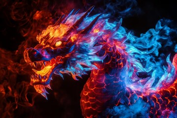 Majestic serpentine fire dragon with obsidian scales and fiery tendrils in mythical scene