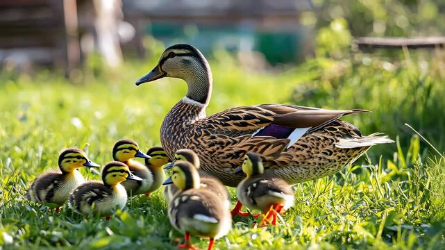 a duck with ducklings is walking on the grass. Selective focus