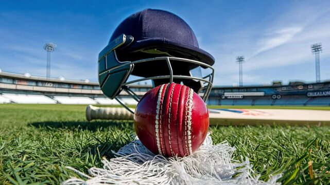 Cricket helmet test rate ball bat on green grass field sports championship league