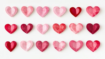 Romantic valentine&rsquo;s day background with red and pink paper hearts arranged on a white surface, featuring a minimalist flat lay design for celebration, greeting cards, and love-themed decorations


