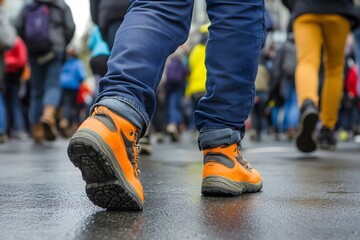 Walking in the Crowd  Orange Boots on Wet Pavement