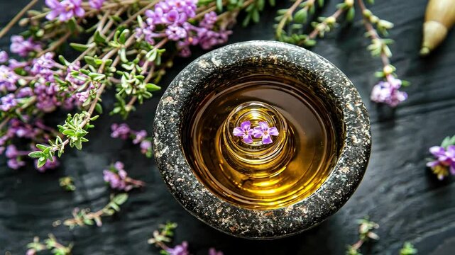 cumin essential oil and mortar. Selective focus