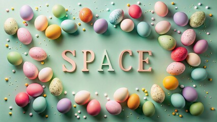 Aerial View Minimalist Spring Egg Design Text Space: Pastel Colors Drone Photography