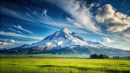 Fototapeta premium Majestic snow-capped peak rising above a vibrant green meadow under a dramatic sky