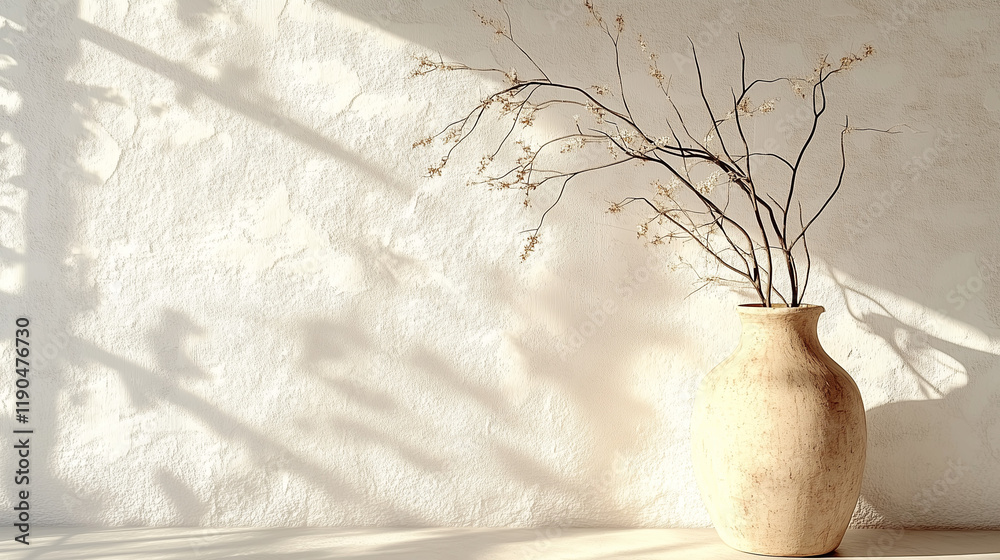 Poster old clay vase with branches placed against a white textured wall, illuminated by soft sunlight. mini