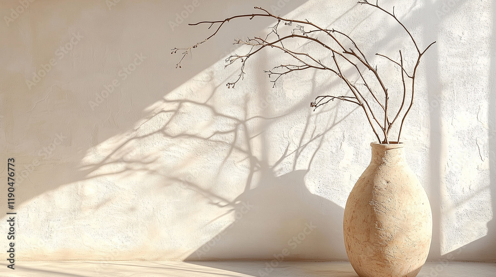Poster old clay vase with branches placed against a white textured wall, illuminated by soft sunlight. mini