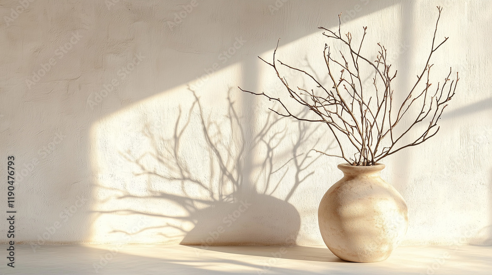 Poster old clay vase with branches placed against a white textured wall, illuminated by soft sunlight. mini