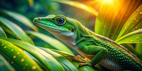 Fototapeta premium Aerial View of Anole Lizard Displaying, Vivid Green Scales, Tropical Habitat