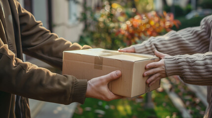 A person hands over a package in a warm outdoor setting, symbolizing connection and delivery service Perfect for e-commerce and logistics themes