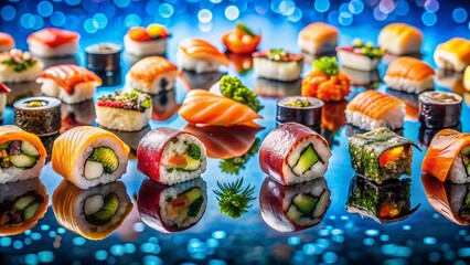 Fototapeta premium Aerial View of Assorted Sushi on Blue Reflective Surface