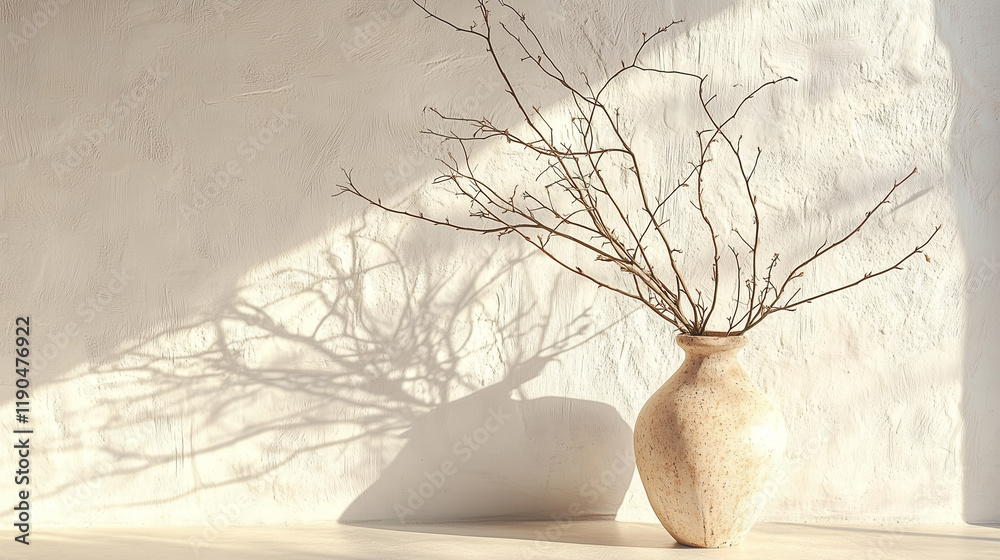 Poster old clay vase with branches placed against a white textured wall, illuminated by soft sunlight. mini
