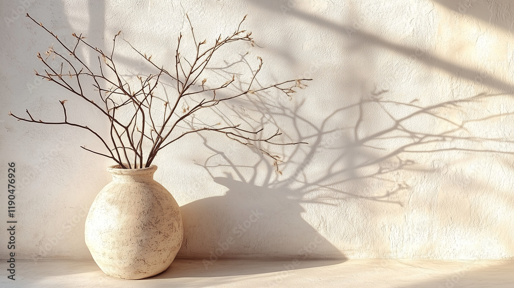 Poster old clay vase with branches placed against a white textured wall, illuminated by soft sunlight. mini