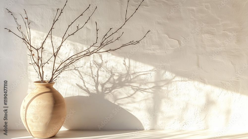 Poster old clay vase with branches placed against a white textured wall, illuminated by soft sunlight. mini