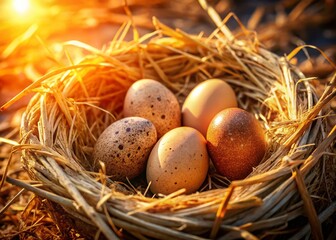 Obraz premium Aerial View of Chicken Eggs in Rustic Straw Nest