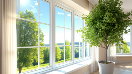 Fototapeta premium Potted tree near large window overlooking green landscape