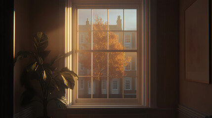 Sunlight illuminating autumn tree through window in London apartment