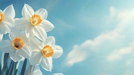 Daffodils against a blue sky background with copy space. Spring floral background. shallow depth of field.