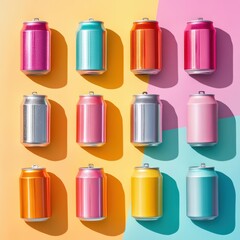 Vibrant soda cans in a colorful aesthetic environment bright product photography