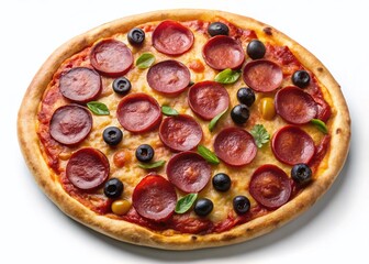 Aerial View of Delicious Pepperoni, Salami & Olive Pizza on White Background - Drone Shot