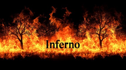Fiery Forest Inferno - Burning trees, inferno, flames, destruction, apocalypse. Symbolizing chaos, devastation, wrath, end times, and rebirth.