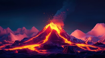Erupting volcano at night with glowing lava flowing down its slopes, surrounded by snowy mountains under a dark sky.
