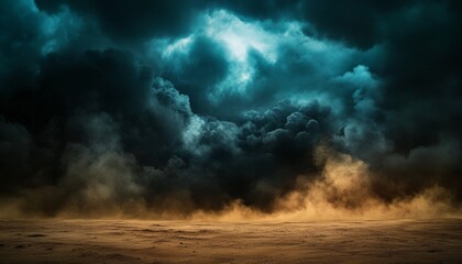 Dramatic desert landscape under stormy night sky with dark clouds and fantasy elements