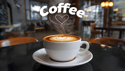 A steaming coffee cup on a table in a cozy coffee shop, ideal for promoting cafés, beverages, and warm atmospheres.