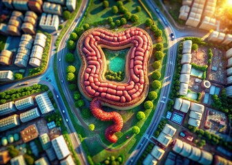 Aerial View of Enlarged, Inflamed Intestines - Medical Stock Photo