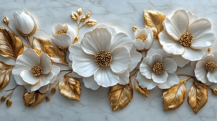 Fototapeta premium Luxurious 3D floral relief artwork showcases white blooming flowers with golden leaves and accents, featuring baroque ornamental design with pearly petals and metallic gold details.