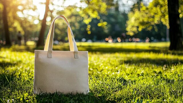 bag on green grass. Selective focus