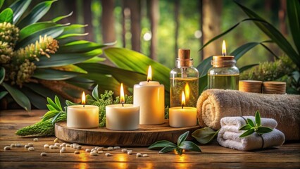 Luxurious spa atmosphere featuring candles and fragrant oils amidst natural textures, oils, luxury