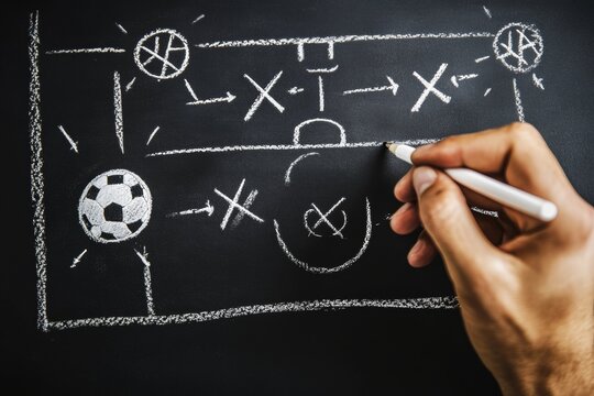 A hand illustrating soccer tactics on a chalkboard with diagram of penalty box and player movements