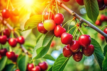 Obraz premium Aerial View of Lush Cherry Tree with Ripe Red Cherries in Summer