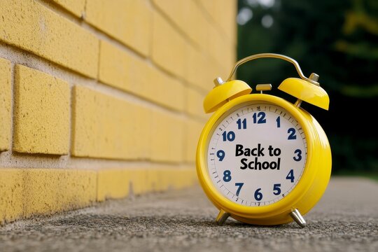 Minimal Back to School Countdown Timer - Yellow alarm clock against brick wall, symbolizing time, education, new beginnings, learning, and the return to school.  Back to school concept.