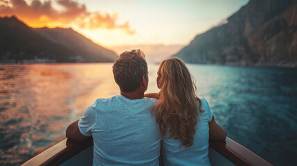 A couple is sitting in a boat on a lake, enjoying the sunset