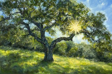 Obraz premium The sun shining through a green oak tree in a meadow, shining with a blue sky in the background. rich colors.