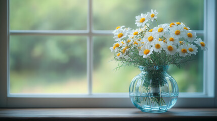 A clear vase with daisies sits on a windowsill, suggesting a warm, bright atmosphere