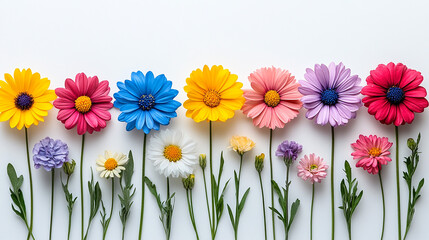 A vibrant arrangement of colorful daisy-like flowers, with various petals hues, arranged against a white background