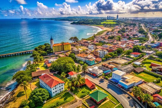 Aerial View of Monrovia, Liberia: Cityscape, Buildings, and Coastline Drone Photography