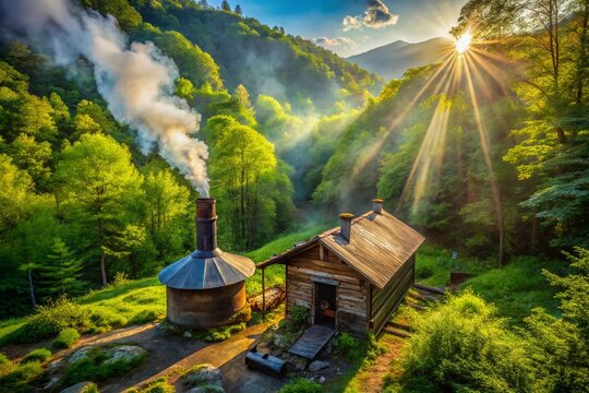 Aerial View of Rustic Moonshine Still Hidden in Appalachian Mountain Valley