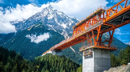 Mountains and construction site featuring a vibrant orange bridge under a blue sky with clouds