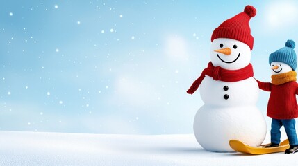 A snowman with a red hat and scarf is holding a pair of skis