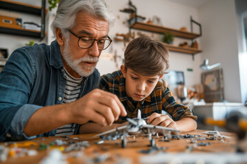 Grandfather and grandson building a model airplane together at a workbench, sharing quality time, focus, and creativity