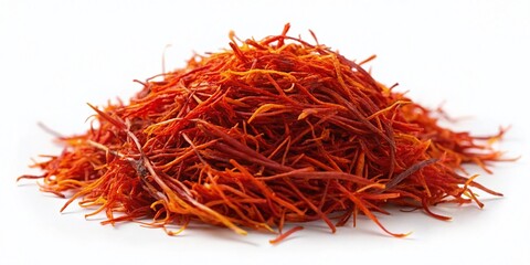 Fototapeta premium Aerial View of Saffron Threads Pile Isolated on White - High-Resolution Drone Photography