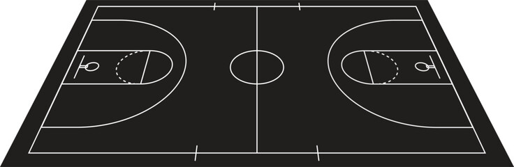 A minimalist vector illustration of a basketball court with a black background and white lines. The tilted perspective creates depth, perfect for graphic designs, sports posters, or modern backdrops.